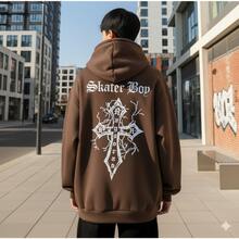 Moletom Canguru Cruz Gótica Flanelado Unissex Streetwear Estilo Urbano Inverno Capuz Bolso Confortável - Marrom - Visão 1