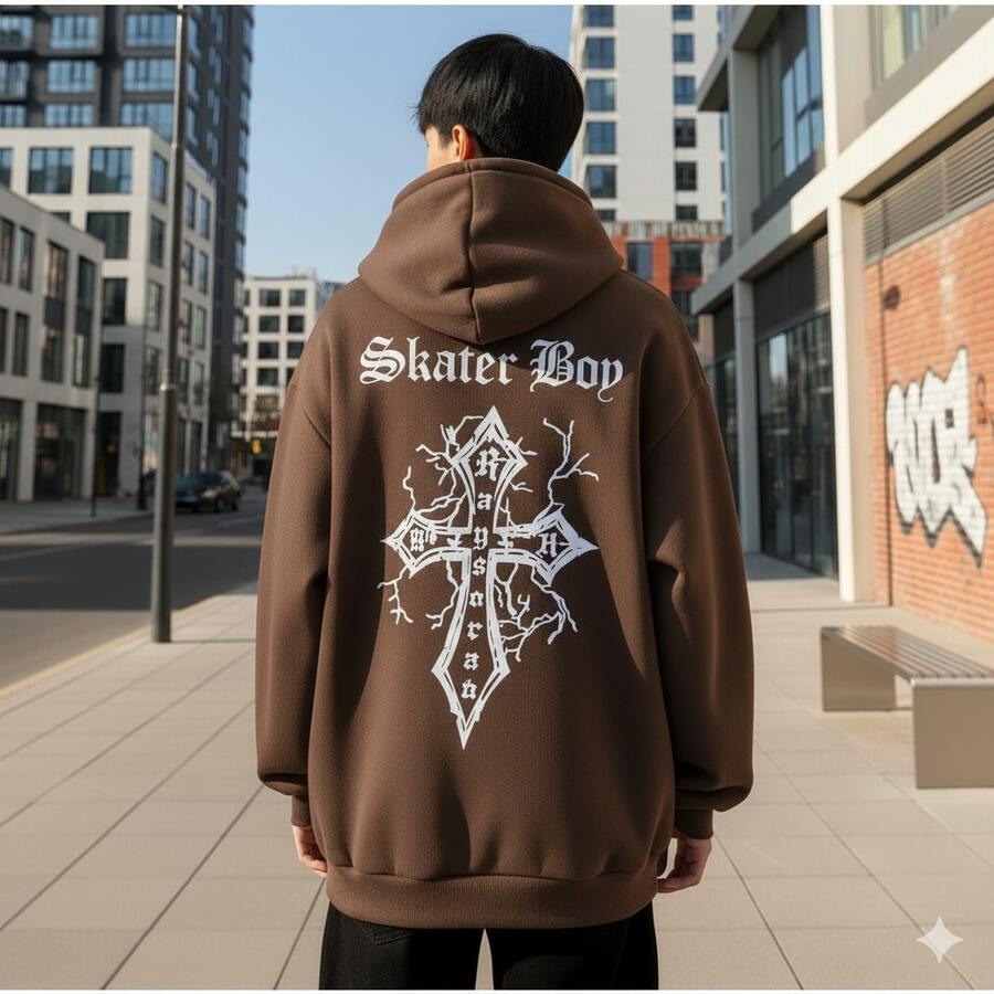 Moletom Canguru Cruz Gótica Flanelado Unissex Streetwear Estilo Urbano Inverno Capuz Bolso Confortável - Marrom - Visão 1