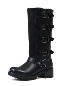 Vintage Combat Boots For Women Round Toe Buckle Straps Side Zipper Chunky Mid Heel Mid Calf Jaripeo Boots Countryside Retro Cowgirl Outfits For Women - 黑色 - 查看 7