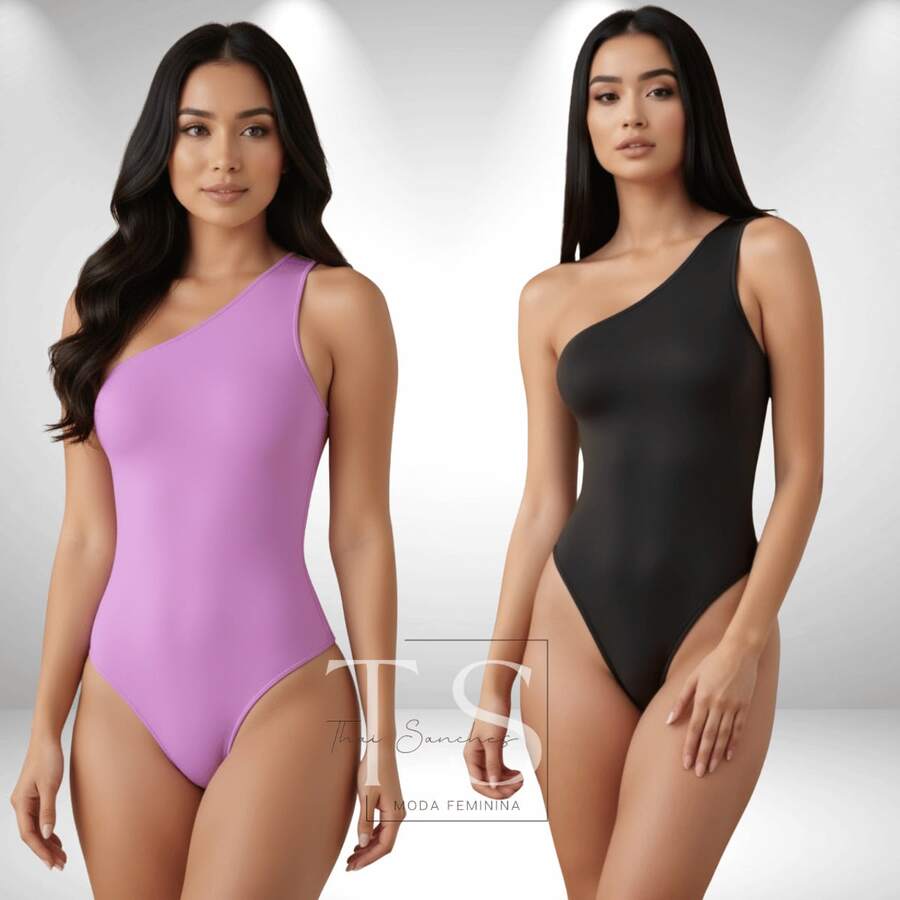 Set Of 2 Women's One-Shoulder Bodysuits In Suplex Fabric With Double Lining And Thin Straps - Premium Style - 黑色和紫色 - 查看 1