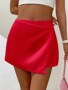 KLIOU FAHION Shorts femininas saia Alfaiataria elegante com ziper cintura alta liso barra assimétrica por dia a dia / passeio / férias - Vermelho - Visão 4