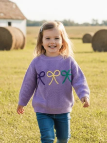 Toddler Baby Girl Boy Mard Gras Outfit Bow Embroidered Knit Crew Neck Sweater Long Sleeve Pullover Tops Fall Clothes,Cute Kids Mard Gras Sweater 6Months - 7 Years. - 紫色 - 查看 1