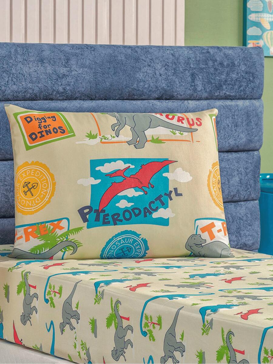 2-Piece Children's Bed Sheet Set With Elastic Band, Dino Unicorn Astronaut Print Kit, Boy Girl Single - 迪諾 - 查看 1