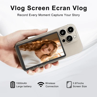 3,97" trådlös selfie-monitorskärm för vlogg, kompatibel med Android-bakkamera, för livestreaming och vloggning av sociala medier, med magnetiskt telefonskal