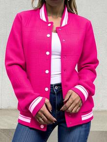 Chaqueta de Béisbol para Mujer - Estilo Urbano y Casual, Corta y Ajustada para Resaltar Estatura, Tejido Texturizado, Ideal para Otoño y Primavera, Versátil para Trabajo y Salidas, Ideal para Todo Tipo de Tallas y Edades. - Rosa Fucsia - Ver 3