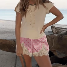Boho Women's Lace Trim Satin Silk Shorts Shiny Elastic Waist Mini Shorts Pettipants Half Slip Shorts French Knickers Boyshorts For Dresses Full Coverage Underwear Lounge Pants - 西瓜粉 - 查看 4
