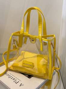 Fashion Transparent Waterproof Tote Bags For Women Letter Quilted Shoulder Crossbody Bags Daily Use Purse Beach Vacation Bags - Màu vàng - Xem 3