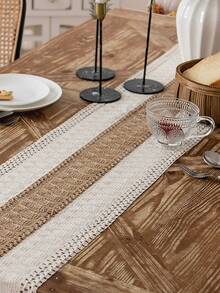 1pc Vintage Christmas Style Cream Woven Textured Tassel Rectangular Table Runner, Christmas Decor Table Decoration For Home - Multicolor - View 8
