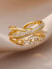 1 Pc Vintage Cubic Zirconia Cuban Chain Ring For Women Gold Color Stainless Steel Geometric Ring Wedding Engagement Party Jewelry Christmas Gift