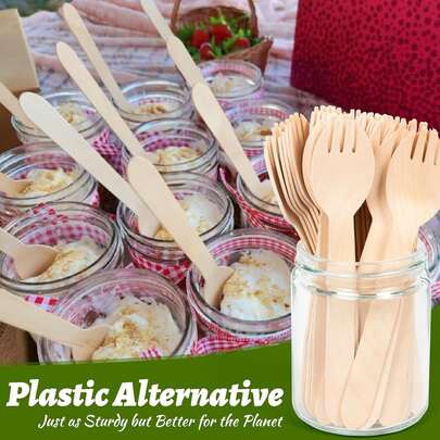 100pcs Disposable Wooden Cutlery - Forks & Spoons, 2-In-1 Utensils, 6.3 Inch Birchwood Forks And Spoons, Natural Green Product, Tableware
