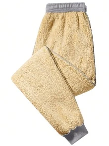 Men's Solid Color Casual Everyday Sherpa Lined Long Sleeve Printed Sweatshirt And Pants Set, Winter