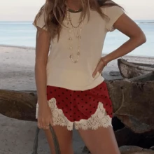 Boho Women's Lace Trim Satin Silk Shorts Shiny Elastic Waist Mini Shorts Pettipants Half Slip Shorts French Knickers Boyshorts For Dresses Full Coverage Underwear Lounge Pants - 酒紅色 - 查看 3