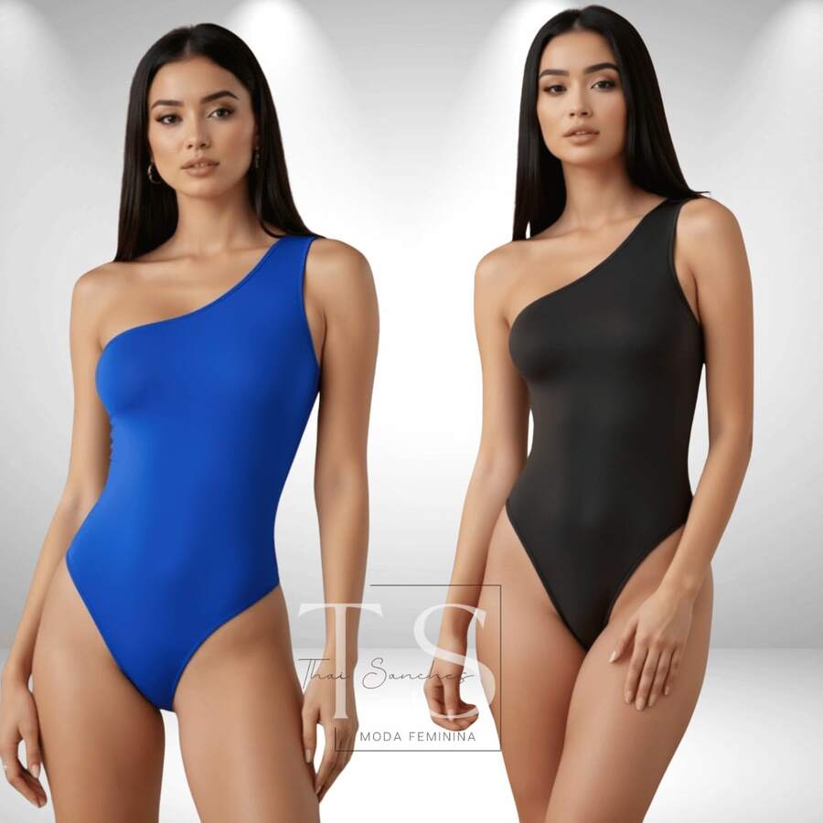 KIT 2 Women's Suplex Mula Manca Bodysuit With Double Lining Thin Strap One Shoulder Premium - 黑色和皇家藍 - 查看 1