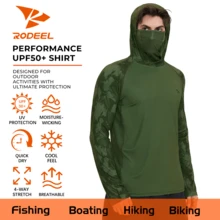 RODEEL Summer Clothes  Men Sun Hoodie Shirts With Mask Neck Gaiter Men UPF 50+ UV Protection Raglan Long Sleeve Lightweight Quick Dry Moisture Wicking Breathable Cooling Athletic Activewear For Outdoor  Hiking Fishing Beach, Water Sports, Adventure Hunting,Boating Biking Sport The Best Choice For Men To Give As Gifts - 藍綠棕 - 查看 2