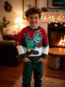 Young Boy Christmas Classic Red & Green Color Round Neck Dinosaur Graphic Knit Pullover Sweater, Long Sleeve, New Year