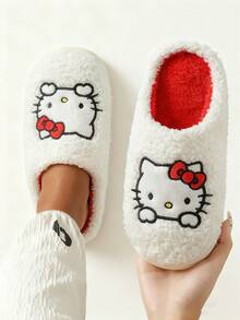 New Winter Sanrio-Hello Kitty Bow & Paw Embroidery Side Seam Closed Toe Slip-On Slippers For Women, Cute & Elegant Cat Design Slippers, Wide Fit, Warm Plush Lining Thick Women House Slippers, Suitable For Adult Women Daily Indoor Casual, Bedroom, Living Room, Party, Holiday Gift - trắng - Xem 3