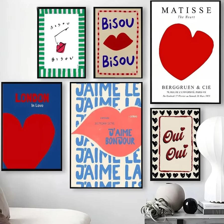Tranh treo tường phong cách Maximalist Eclectic màu hồng với những câu nói tiếng Pháp "Bisou Bisou Bonjour Bonne Nuit", thích hợp trang trí phòng ngủ, phòng khách, phòng chơi game, phòng chơi game, làm quà tặng ngày lễ. - Nhiều màu - Xem 1