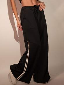 Women's Black Pantaloons In Roma Knit With Side Stripes And Front Pockets, Comfortable Casual Style - màu đen - Xem 6
