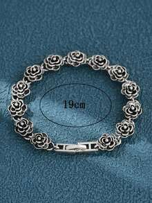 Vintage & Personalized Exaggerated Hollow Out Rose Shaped Distressed Finish Bracelet With Luxurious Metallic Feeling Floral Hand Jewelry For Women Valentines,Mom,Mother,Mother's Day,Gift - Silver - View 7