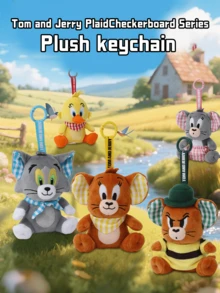 Tom And Jerry Plaid Series Tom Cat Plush Keychain - Gray Plush With Blue & White Plaid Scarf And Ear, Yellow Eyes, Blue Top Ring Printed With "TOM AND JERRY", Size 10cm*9cm, Compact And Exquisite, Made Of Soft And Durable Plush Material, Ideal For Tom And Jerry Fans, Plush Keychain Collectors, And Anyone Looking For Cute Daily Accessories. - Tom and Jerry Checkered Series-plush Pendant-tom Cat - View 9