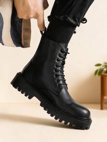 Botas negro para hombre, Botas casuales de caña alta para hombres, Botas De Trabajo Multifuncional - de media pantorrilla con punta redonda, con cordones y cremallera lateral, botines de moda para exteriores y senderismo, combina con chaqueta - Negro - Ver 3