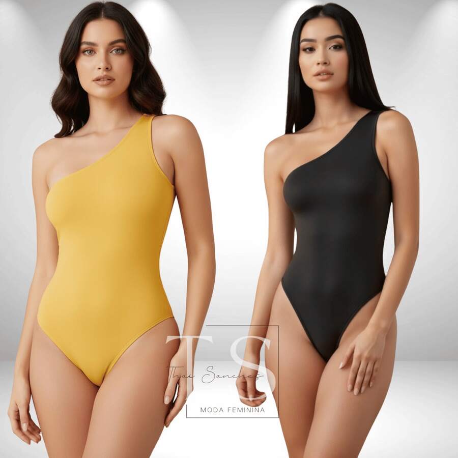 Set Of 2 Women's One-Shoulder Bodysuits In Suplex Fabric With Double Lining And Thin Straps - Premium Style - 黑色和黃色 - 查看 1
