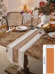1pc Vintage Christmas Style Cream Woven Textured Tassel Rectangular Table Runner, Christmas Decor Table Decoration For Home - Multicolor - View 14