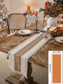 1pc Vintage Christmas Style Cream Woven Textured Tassel Rectangular Table Runner, Christmas Decor Table Decoration For Home - Multicolor - View 12