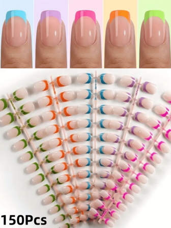 150片短方形法式美甲贴片，棕色、粉色、蓝色、绿色、紫色，5色法式短方形美甲贴片，女士美甲DIY延长，15种尺寸，简约百搭，可重复使用