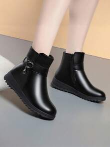 秋冬季保暖内衬踝靴，防滑妈妈鞋平底中跟短筒保暖黑色靴子 - 黑色 - 查看 4