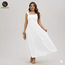 Women's Plus Size Long Dress, Three Marias Style, Elegant Evangelical Fashion, Party Dress, Sleeveless, Strapless, Ruffled, Dune - 白色 - 查看 12