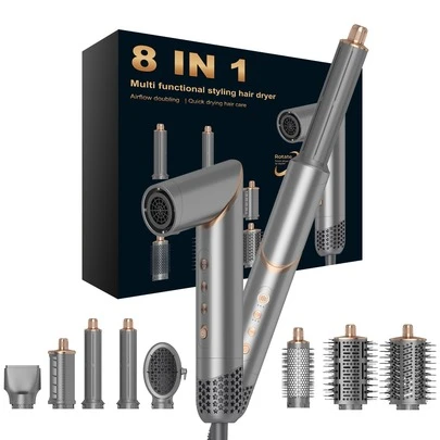 8-i-1 varmluftsborsteset med 2 miljoner negativa joner: Plattång, automatisk locktång, hårtork. Hög effekt, snabb uppvärmning, 110 000 varv/min borstlös motor, roterande luftstyler, varm borste, hårtork, dubbla locktänger. Kraftfull locktång, snabbtorkande plattång, lämplig för alla hårtyper. Perfekt present till högtider och födelsedagar.
