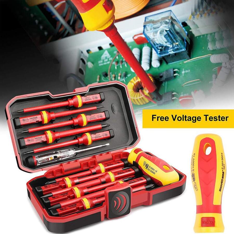 Bộ tua vít cách điện 13 chi tiết/7 chi tiết, tua vít điện cao áp dành cho thợ điện, chất liệu kim loại, vận hành bằng tay không dùng điện, đầu tua vít dẹt có thể thay thế, kèm hộp đựng.