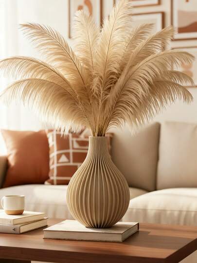 1个现代弧形塑料花瓶，配人造芦苇草，简约家居装饰，灰色扭纹设计，适用于婚礼、客厅、办公桌装饰，乔迁礼物