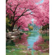 1pc Painting By Number With Diy Paint On Numbers River Tree Landscape Starter Kit Diy Crafts Wall Paintings Home Art 40x50cm/16x20inch Without Frame - Multicolor - View 12