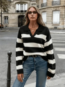 女士黑白条纹V领针织毛衣，宽松长袖休闲套头衫 - 彩色 - 查看 6