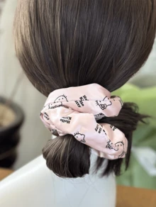 Hello Kitty Black-Pink Satin Scrunchie, Cute Iconic Design, Black Print, Soft & Durable, Hair Tie, Everyday Use, Hair Accessory, Girls & Teens, Ideal Gift, Hello Kitty Fans, Cute Practical Hair Ornaments - Pink Black - View 3