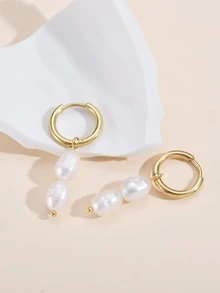 Aretes Colgantes Decorados Con Perlas Falsas - Blanco - Ver 3