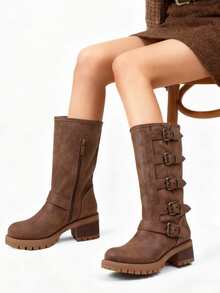 Vintage Combat Boots For Women Round Toe Buckle Straps Side Zipper Chunky Mid Heel Mid Calf Jaripeo Boots Countryside Retro Dark Brown Boots - 棕色 - 查看 4