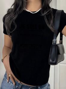 Camiseta de Mujer Estampada con Mensaje Inspirador,Diseño Casual y Moderno,Ideal Para el Verano - Negro - Ver 6