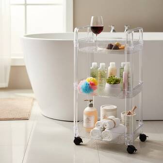 1 件多功能 3 层滚动收纳架，带 8 个挂钩，厚实材质，带手柄厨房收纳架，客厅小吃车，多层化妆品收纳架，纤薄收纳架，浴室配件，浴室架子，小推车