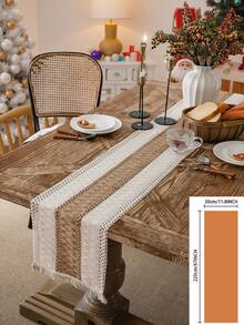 1pc Vintage Christmas Style Cream Woven Textured Tassel Rectangular Table Runner, Christmas Decor Table Decoration For Home - Multicolor - View 18
