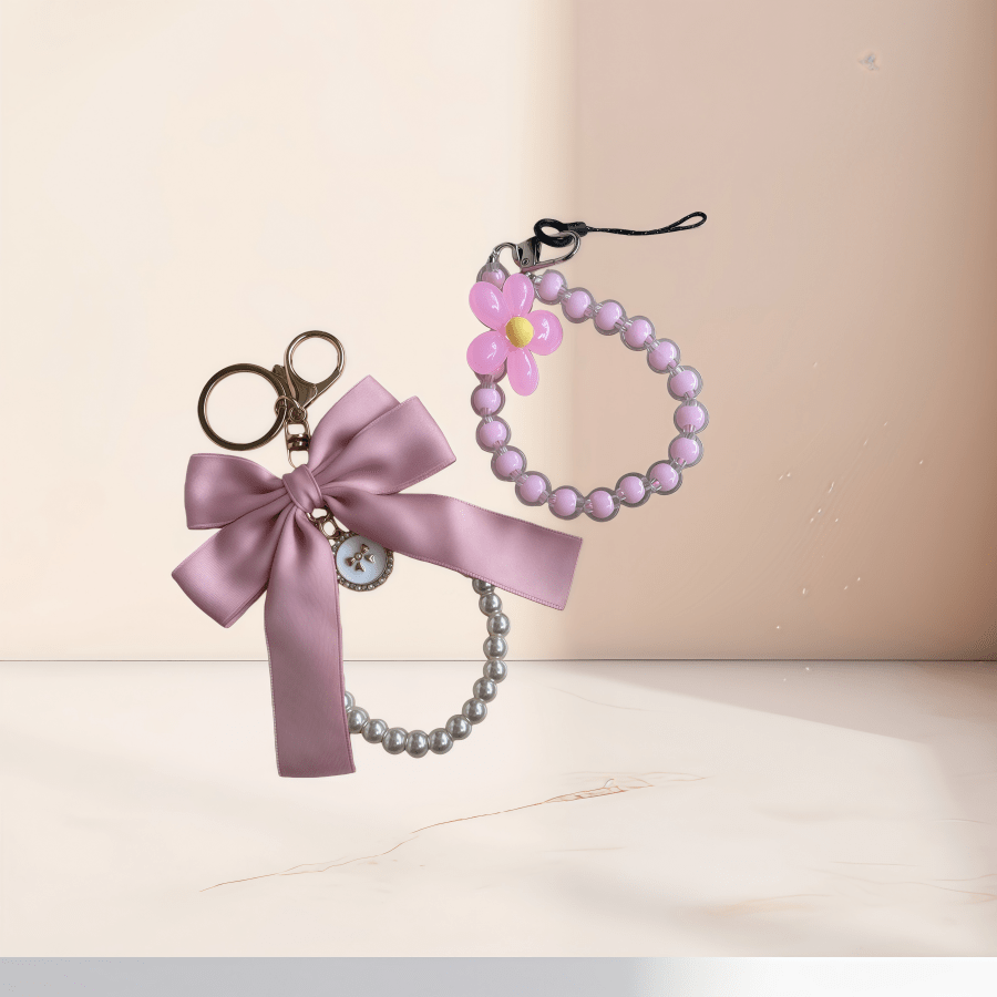 New INS Pearl Bow Keychain Pendant, Bag Charm, Wristlet Phone Lanyard, Handmade Colorful Woven Strap, Earphone Case, Bag Decor