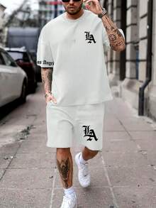 LA Los Angeles Bold Print Streetwear Set: 100% Cotton T-Shirt + Tactel Shorts - 全套(T卹+短褲) - 查看 2