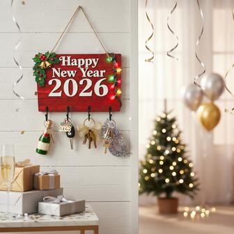 1PC 2026 Happy New Year Wall - Mounted Key Holder With Christmas Decor, Festive Hanging Key Rack For Entryway