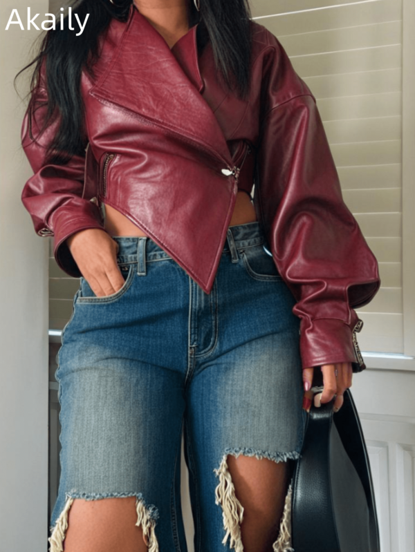 Akaily Fall Outfits For Women Street Solid Color Slim Fit PU Leather Coat Long Sleeve Coat Waterfall Western Wear Women