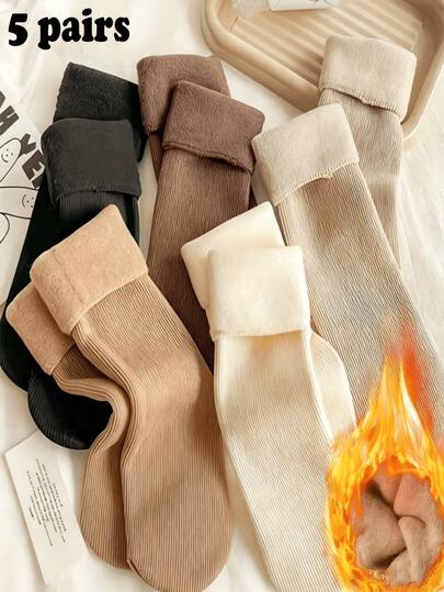 5双装女士纯色加厚保暖冬季雪地袜 - 加厚、保暖、柔软、弹力十足、防臭、纯色、涤纶混纺、针织面料，瑜伽和雪地靴的理想之选 - 圣诞礼物