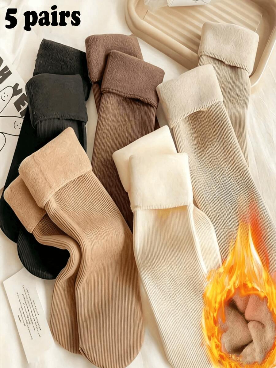 5 Pairs Women's Solid Color Thick Warm Winter Snow Socks - Thick, Warm, Soft, Stretchy, Odor-Resistant, Solid Color, Polyester Blend, Knit Fabric, Ideal For Yoga And Snow Boots - Christmas Gift