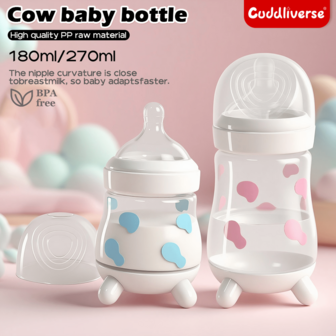 1 pieza Botella de leche con diseño de vaca de 180ml/270ml, de material PP de boca ancha, anti-atragantamiento, botella de leche con diseño de dibujos animados lindos, apta para uso diario