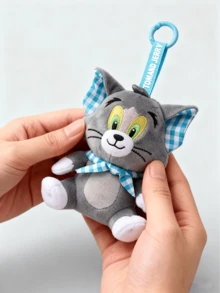 Tom And Jerry Plaid Series Tom Cat Plush Keychain - Gray Plush With Blue & White Plaid Scarf And Ear, Yellow Eyes, Blue Top Ring Printed With "TOM AND JERRY", Size 10cm*9cm, Compact And Exquisite, Made Of Soft And Durable Plush Material, Ideal For Tom And Jerry Fans, Plush Keychain Collectors, And Anyone Looking For Cute Daily Accessories. - Tom and Jerry Checkered Series-plush Pendant-tom Cat - View 6